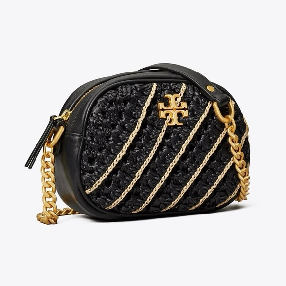 Tory Burch Kira Crossbody Camera Bag Black Leather with Crochet
